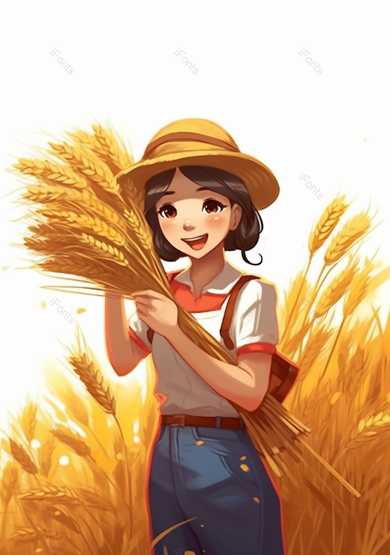 双肩包女孩收割收获麦子麦穗秋季丰收白色背景金色插画,插画/手绘图,插画/手绘图库,插画/手绘图下载,插画/手绘